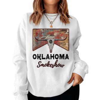 Boho Bull Skull Cow Print Oklahoma Smokeshow Western Country Women Crewneck Graphic Sweatshirt - Monsterry