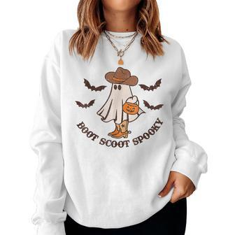 Boot Scoot Spooky Cowboy Ghost Groovy Retro Halloween Women Sweatshirt | Mazezy