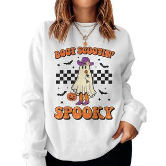 Boot Scootin Spooky Cowgirl Ghost Pumpkin Halloween Costume Women Sweatshirt - Monsterry CA