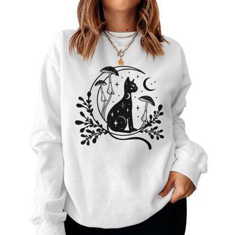 Celestial Cat Moon Mushroom Cottagecore Witchy For Women Sweatshirt - Seseable
