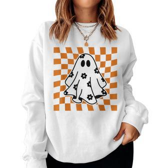 Checkered Daisy Ghost Floral Ghost Halloween Groovy Ghost Women Sweatshirt - Monsterry CA