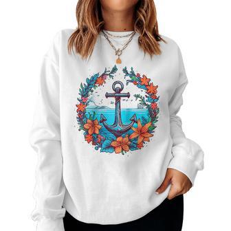 Colorful Flowers Pattern Floral Nautical Sailing Boat Anchor Women Sweatshirt | Mazezy