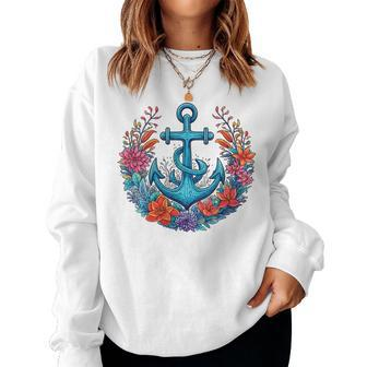 Colorful Flowers s Floral Nautical Sailing Boat Anchor Women Sweatshirt | Mazezy DE
