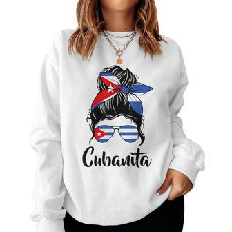 Cubanita Messy Bun Cubanita Cuban Flag Messy Hair Woman Bun Women Sweatshirt | Mazezy