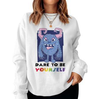 Dare To Be Yourself Gay Pride Vintage Rainbow Lgbt Monster Women Sweatshirt | Mazezy