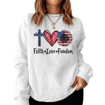 Faith Love Freedom Sunflower Jesus American Flag 4Th Of July Women Crewneck Graphic Sweatshirt - Thegiftio UK