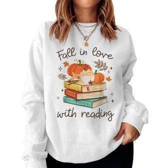 Fall In Love With Reading Book Autumn Pumpkins And Teachers Women Sweatshirt - Seseable