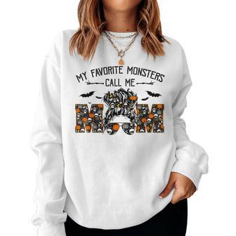 My Favorite Monsters Call Me Mom Messy Bun Happy Halloween Women Crewneck Graphic Sweatshirt - Seseable