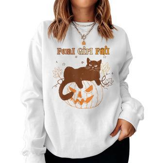 Feral Girl Fall Black Cat Black Cat With Pumpkin Halloween Halloween Women Sweatshirt | Mazezy