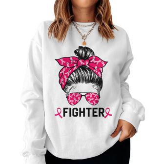 Fighter Messy Bun Breast Cancer Awareness Pink Warrior Women Sweatshirt - Seseable