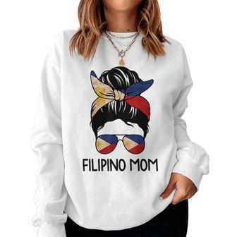 Filipino Mom Messy Bun Sunglasses Flag Mothers Day Women Crewneck Graphic Sweatshirt - Thegiftio UK