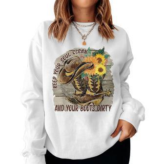 Floral Cowboy Boots Keep Your Soul Clean Boots Dirty Western Women Crewneck Graphic Sweatshirt - Seseable