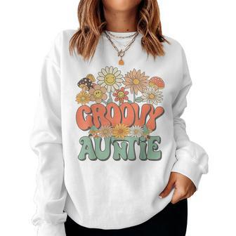 Groovy Auntie Floral Hippie Retro Daisy Flower Mothers Day Women Crewneck Graphic Sweatshirt - Seseable