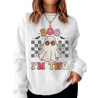 Groovy Boo I'm Two 2Nd Birthday Halloween Ghost Women Sweatshirt | Mazezy