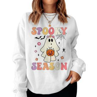Groovy Halloween Ghost Holding Pumpkin Spooky Season Women Sweatshirt | Mazezy