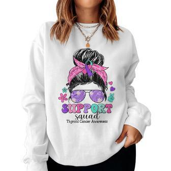 Groovy Support Squad Messy Bun Thyroid Cancer Awareness Women Sweatshirt | Mazezy