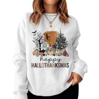 Happy Hallothanksmas Coffee Halloween Thanksgiving Christmas Women Sweatshirt | Mazezy