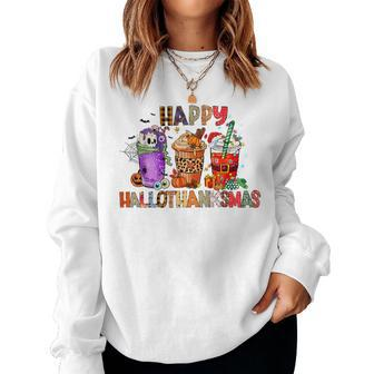 Happy Hallothanksmas Halloween Coffee Latte Thanksgiving Women Sweatshirt - Seseable
