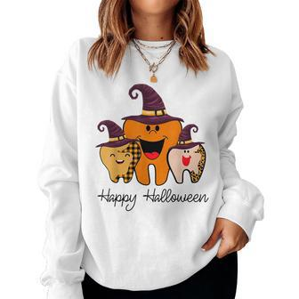 Happy Halloween Tooth Witch Leopard Fall Dentist Dental Happy Halloween Women Sweatshirt | Mazezy