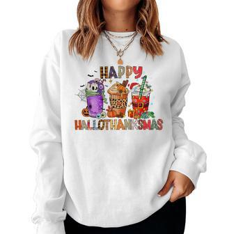 Happy Hallowthanksmas Iced Coffee Pumpkin Spice Caffeinated Women Sweatshirt - Monsterry AU