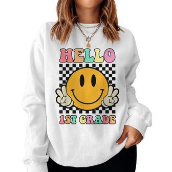 Hello 1St Grade Hippie Smile Face Back To School First Day Women Sweatshirt - Seseable