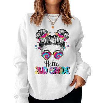 Hello 2Nd Grade Messy Hair Bun Girl Back To School First Day Women Crewneck Graphic Sweatshirt - Seseable