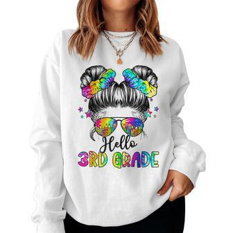 Hello 3Rd Grade Messy Hair Bun Girl Back To School First Day Women Crewneck Graphic Sweatshirt - Seseable