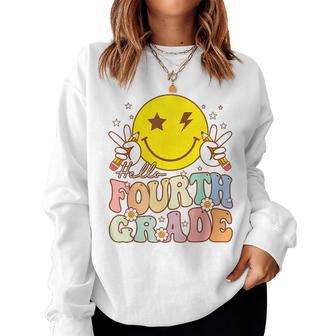 Hello Fourth Grade Funny Smile Face 4Th Grade Back To School Women Crewneck Graphic Sweatshirt - Seseable