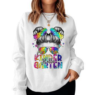Hello Nursery Messy Bun Tie Dye Back To School Girls Women Crewneck Graphic Sweatshirt - Seseable
