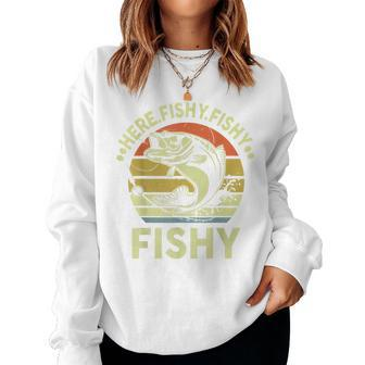 Here-Fishy Fathers Day Dad Papa Kids Boy Women Funny Fishing Women Crewneck Graphic Sweatshirt - Seseable