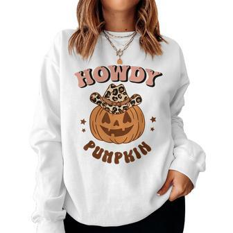 Howdy Pumpkin Leopard Rodeo Western Fall Southern Halloween Halloween Women Sweatshirt | Mazezy CA