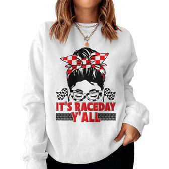 Its Race Day Yall Checkered Flag Racing Messy Bun Women Women Crewneck Graphic Sweatshirt - Thegiftio UK
