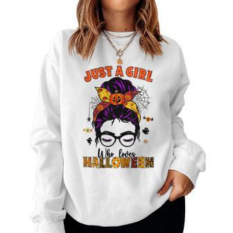Just A Girl Who Loves Halloween Scary Messy Bun Costume Women Sweatshirt - Monsterry CA
