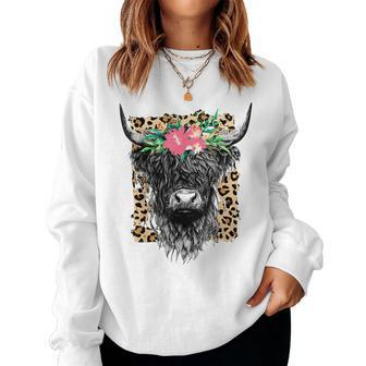 Leopard Floral Highland Cow Heifer Cattles Western Country Women Crewneck Graphic Sweatshirt - Seseable