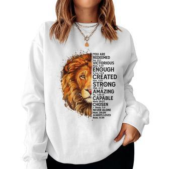 Lion Face You Are Redeemed Bible Verse Christian Faith Women Crewneck Graphic Sweatshirt - Seseable