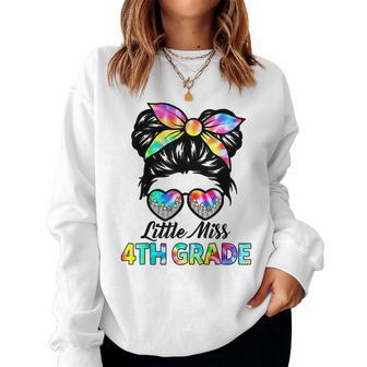 Little Miss Fourth 4Th Grade Girls Messy Bun Back To School Women Crewneck Graphic Sweatshirt - Seseable