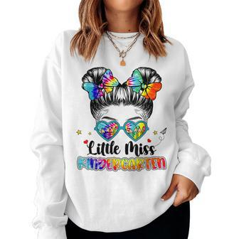 Little Miss Kindergarten Messy Bun Girl Back To School Women Crewneck Graphic Sweatshirt - Seseable