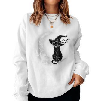 Moon Halloween Scary Black Cat Costume Witch Hat Women Sweatshirt - Monsterry