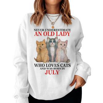 Never Underestimate An Old Lady Who Loves Cats July Women Crewneck Graphic Sweatshirt - Seseable
