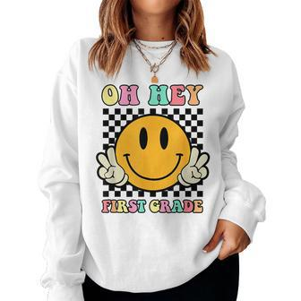 Oh Hey First Grade Hippie Smile Face Retro Back To School Hippie Sweatshirt | Mazezy