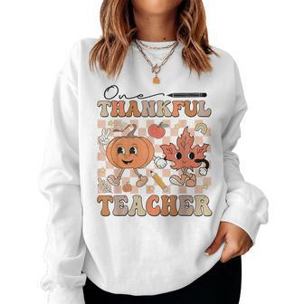 One Thankful Teacher Thanksgiving Groovy Fall Autumn Teacher Women Sweatshirt - Seseable
