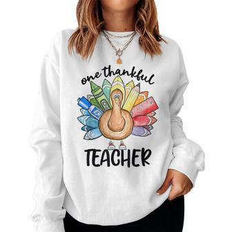 One Thankful Teacher Thanksgiving Turkey Cute Crayon Pencil Women Sweatshirt | Mazezy