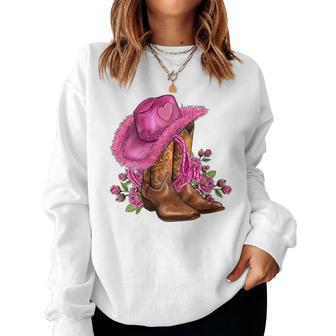 Pink Cowgirl Hat Cowgirl Boots Western Cowhide Rose Flowers Women Sweatshirt | Mazezy CA
