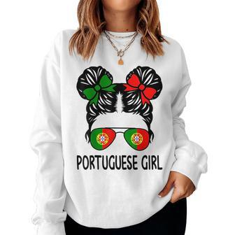 Portuguese Girl Messy Hair Portugal Pride Kids Women Crewneck Graphic Sweatshirt - Seseable