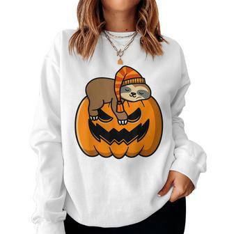 Pumpkin With Sloth Happy Halloween Fall Themed Costume Happy Halloween Women Sweatshirt | Mazezy
