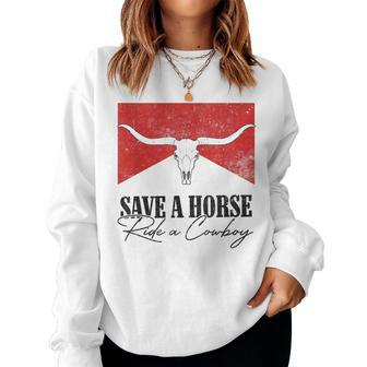 Retro Bull Skull Western Country Save A Horse Ride A Cowboy Women Crewneck Graphic Sweatshirt - Thegiftio UK