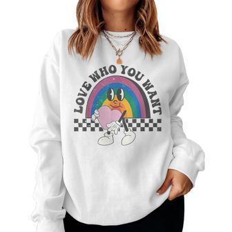 Retro Groovy Rainbow Heart Love Who You Want Pride Lgbt Women Sweatshirt | Mazezy