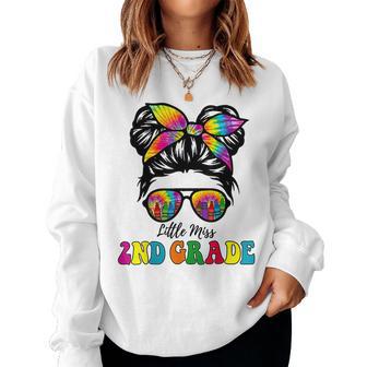 Back To School Little Miss 2Nd Grade Messy Bun Tie Dye Girls Women Sweatshirt - Seseable