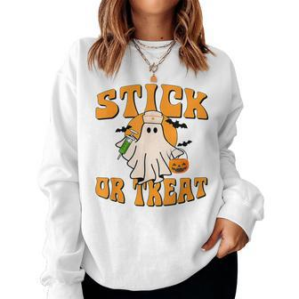 Stick Or Treat Nurse Phlebotomy Crna Halloween Spooky Ghost Women Sweatshirt - Monsterry