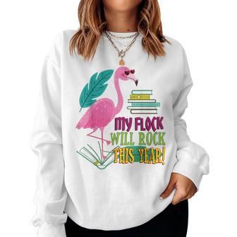 Teacher Flamingo My Flock Will Rock First Day School Women Crewneck Graphic Sweatshirt - Thegiftio UK